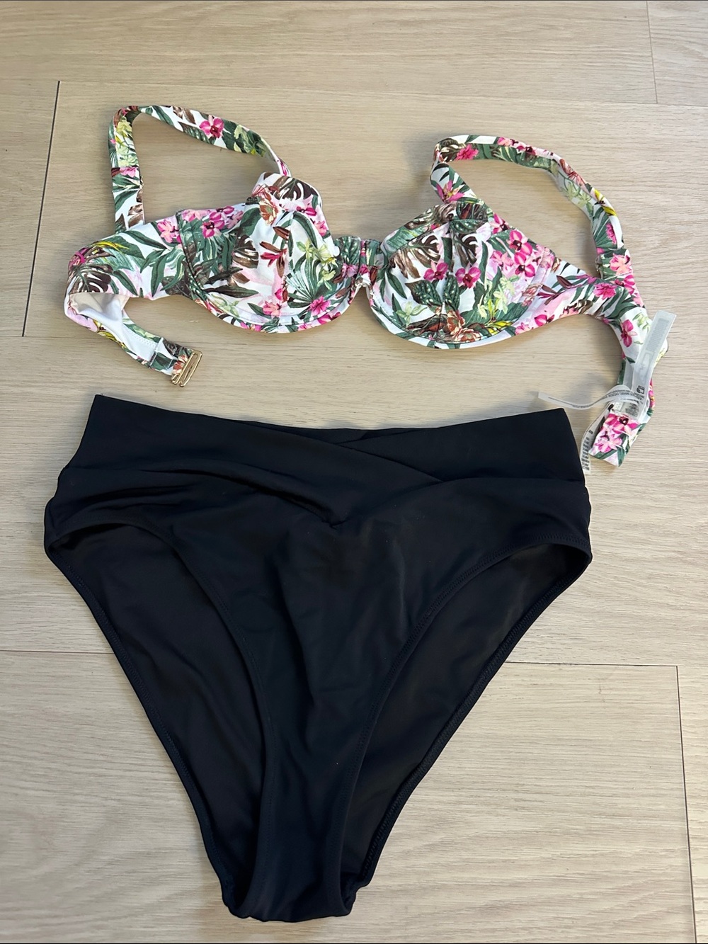 Victoria's Secret Floral Underwire Bikini Top with Black High-Waist Bottom